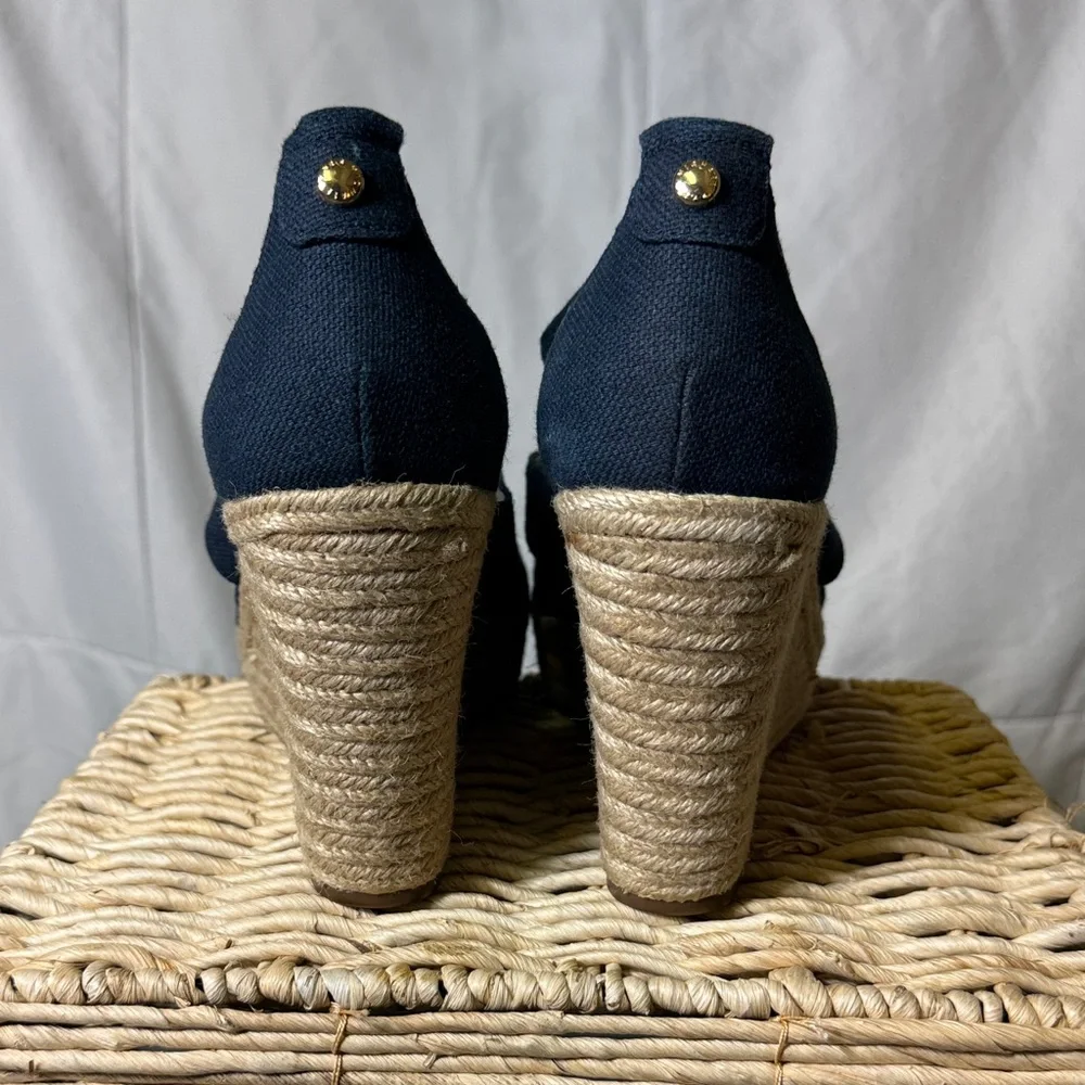 Michael Kors‎ Navy Canvas Espadrille Wedge Sandals Gold Zip Size 9.5